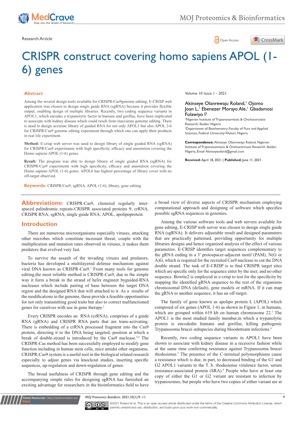 CRISPR Construct Covering Homo Sapiens APOL (1-6) Genes ©2021 Roland Et Al