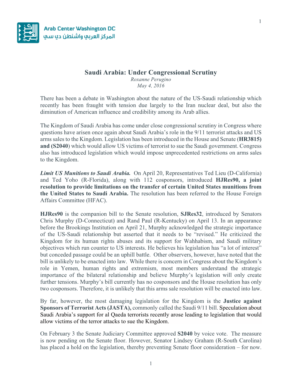 Saudi Arabia: Under Congressional Scrutiny Roxanne Perugino May 4, 2016