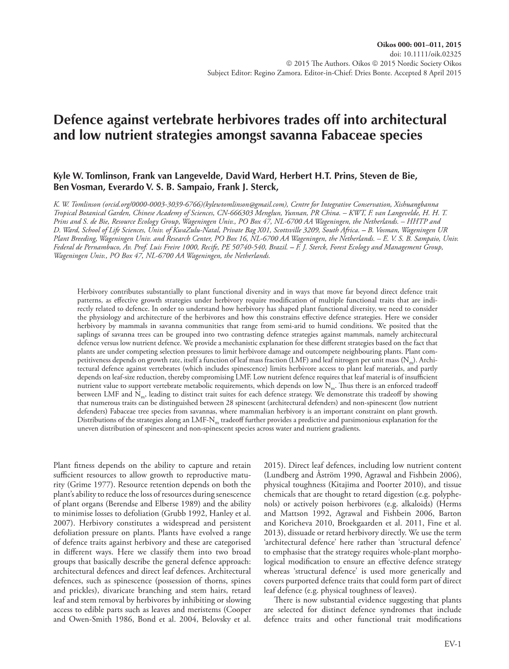 Defence Against Vertebrate Herbivores Trades Off Into Architectural and Low Nutrient Strategies Amongst Savanna Fabaceae Species