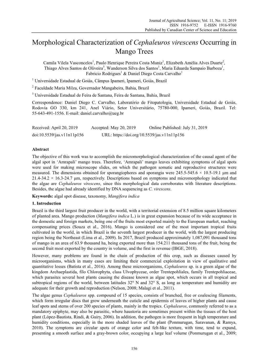 Morphological Characterization of Cephaleuros Virescens Occurring in Mango Trees