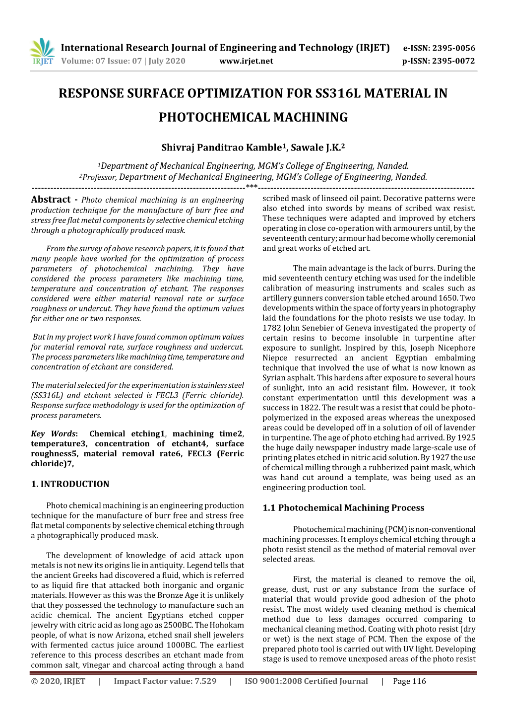 Response Surface Optimization for Ss316l Material in Photochemical Machining