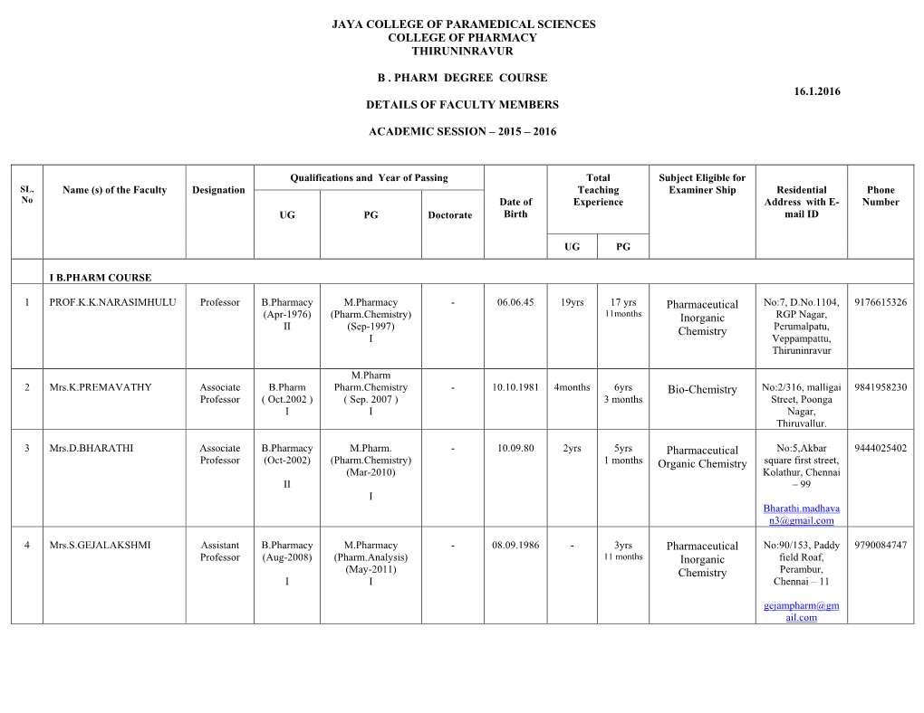 Jaya College of Paramedical Sciences College of Pharmacy Thiruninravur