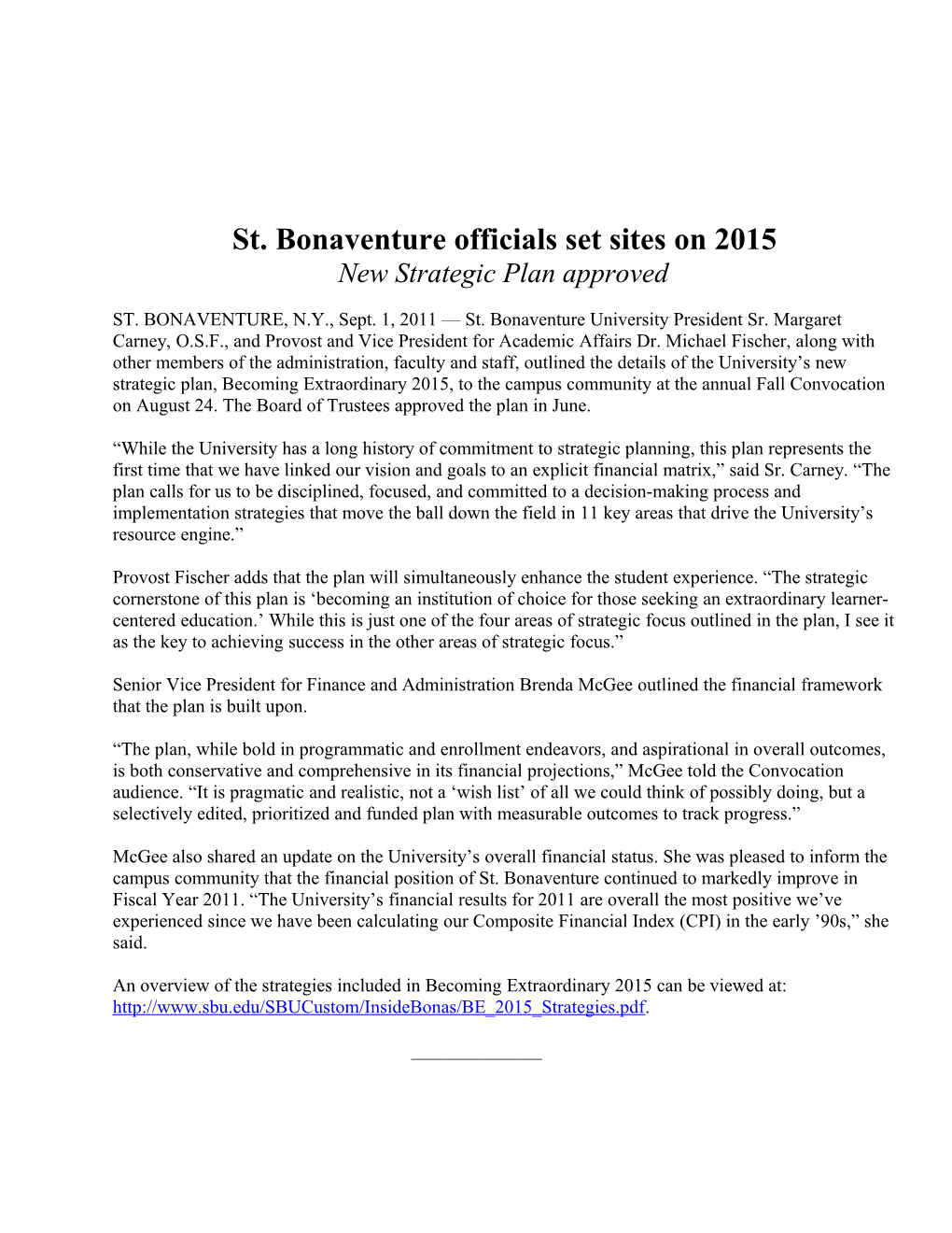 St. Bonaventure Officials Set Sites on 2015 New Strategic Plan Approved