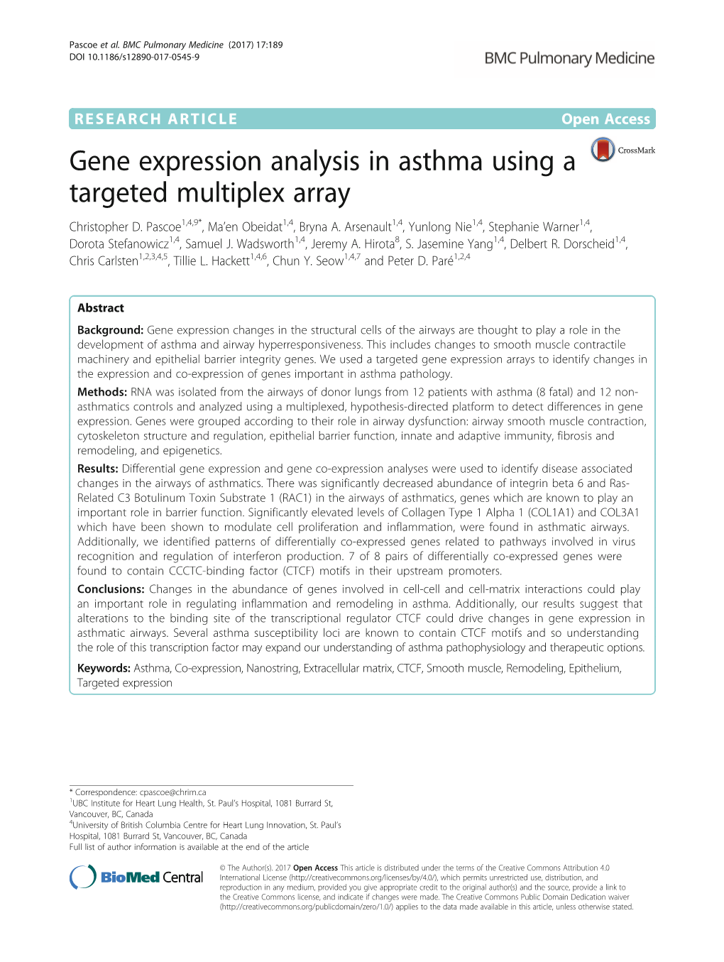 Gene Expression Analysis in Asthma Using a Targeted Multiplex Array Christopher D