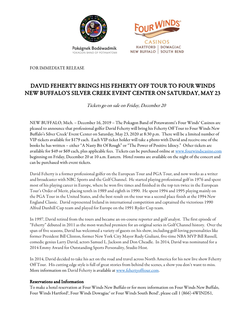 David Feherty Brings His Feherty Off Tour to Four Winds New Buffalo's Silver Creek Event Center on Saturday, May 23
