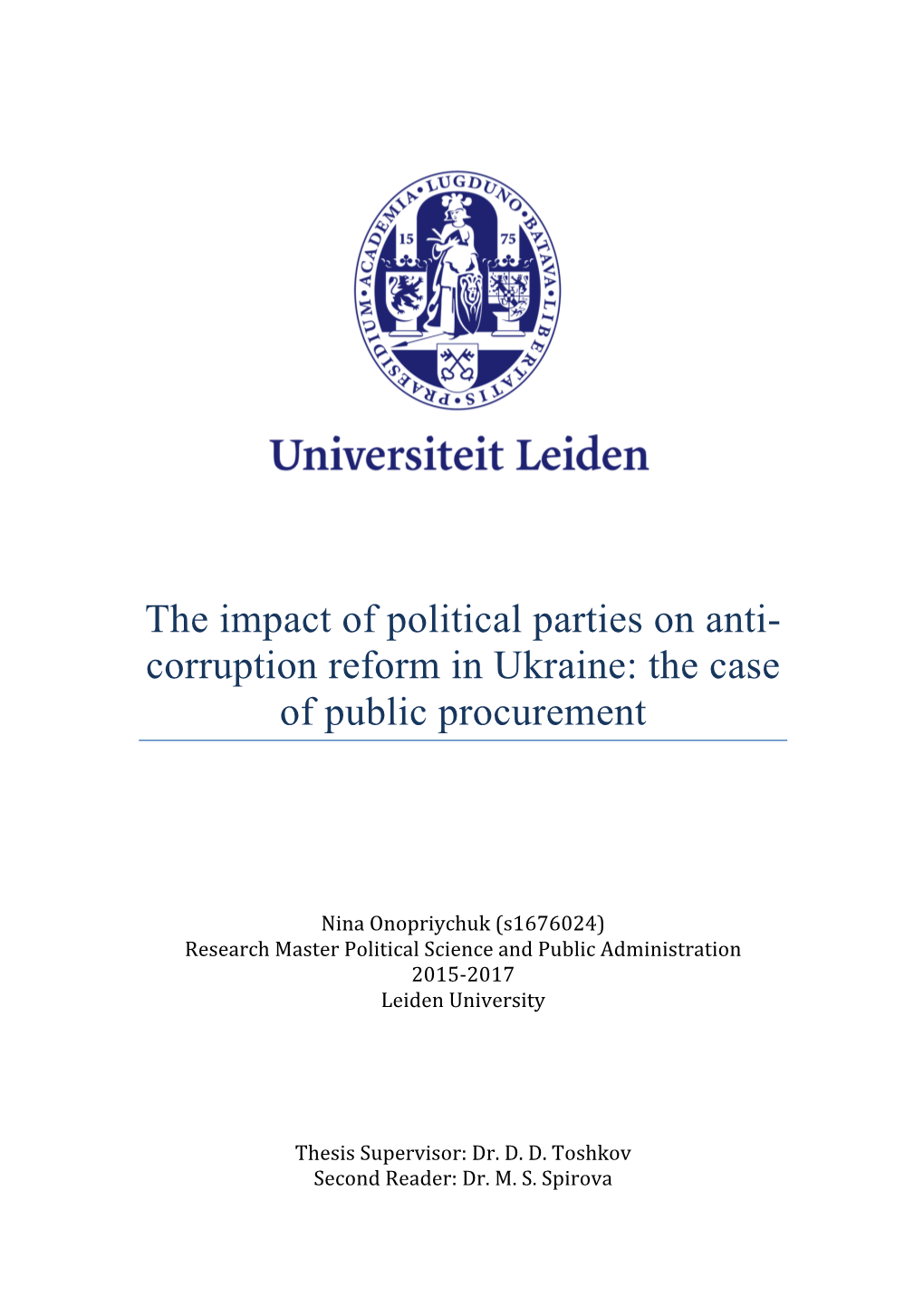 The Impact of Political Parties on Anti- Corruption Reform in Ukraine: the Case of Public Procurement