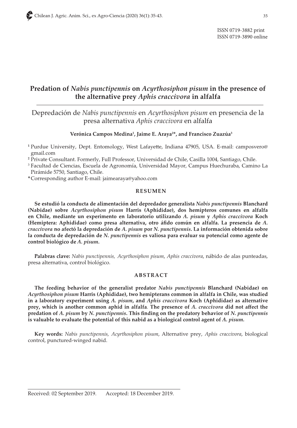 Predation of Nabis Punctipennis on Acyrthosiphon Pisum in the Presence of the Alternative Prey Aphis Craccivora in Alfalfa