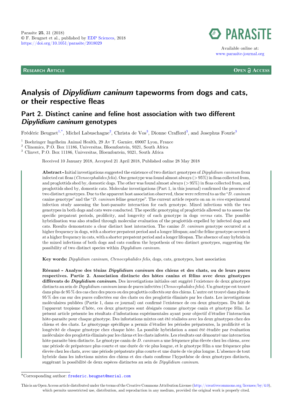 Analysis of Dipylidium Caninum Tapeworms from Dogs and Cats, Or Their Respective ﬂeas Part 2