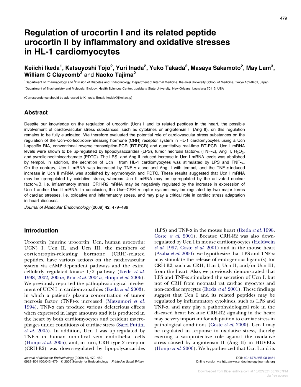 Regulation of Urocortin I and Its Related Peptide Urocortin II by Inﬂammatory and Oxidative Stresses in HL-1 Cardiomyocytes