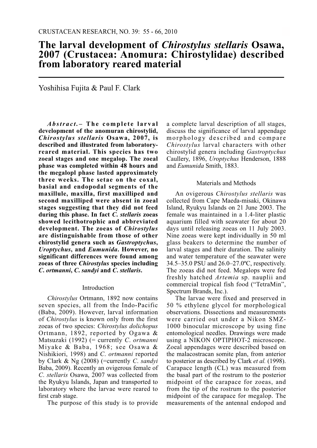 The Larval Development of Chirostylus Stellaris Osawa, 2007 (Crustacea: Anomura: Chirostylidae) Described from Laboratory Reared Material