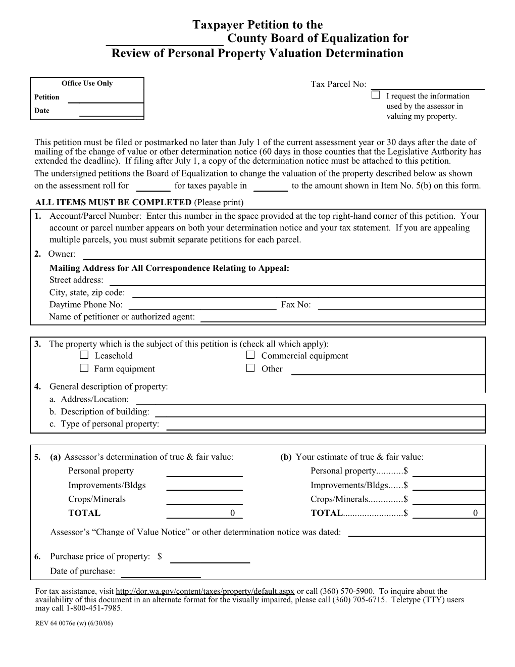 Taxpayer Petition to the County Board of Equalization for Review of Personal Property Valuation