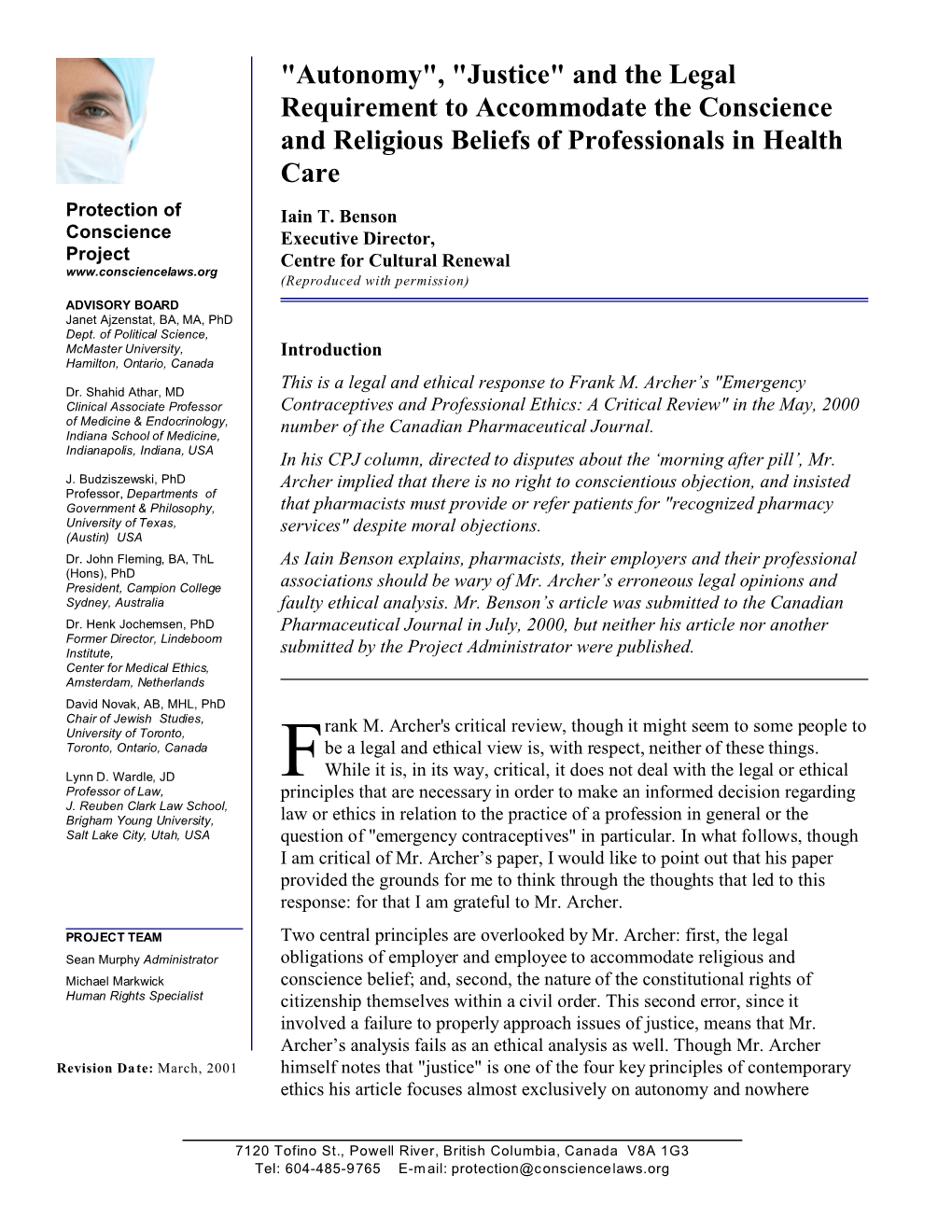 Autonomy", "Justice" and the Legal Requirement to Accommodate the Conscience and Religious Beliefs of Professionals in Health Care