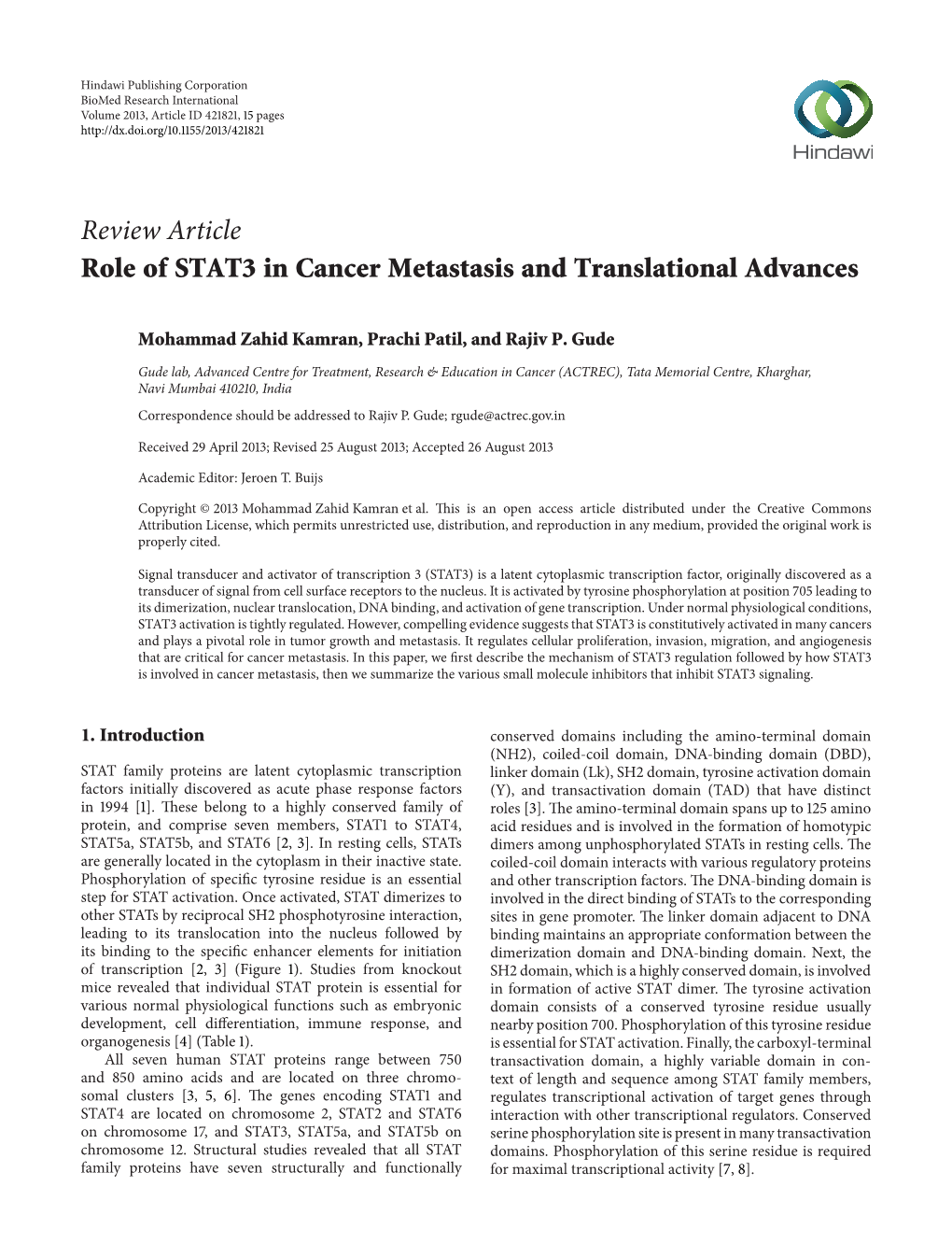 Review Article Role of STAT3 in Cancer Metastasis and Translational Advances