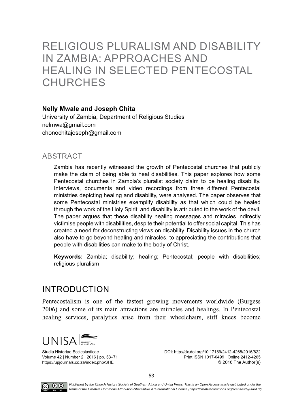 Religious Pluralism and Disability in Zambia: Approaches and Healing in Selected Pentecostal Churches