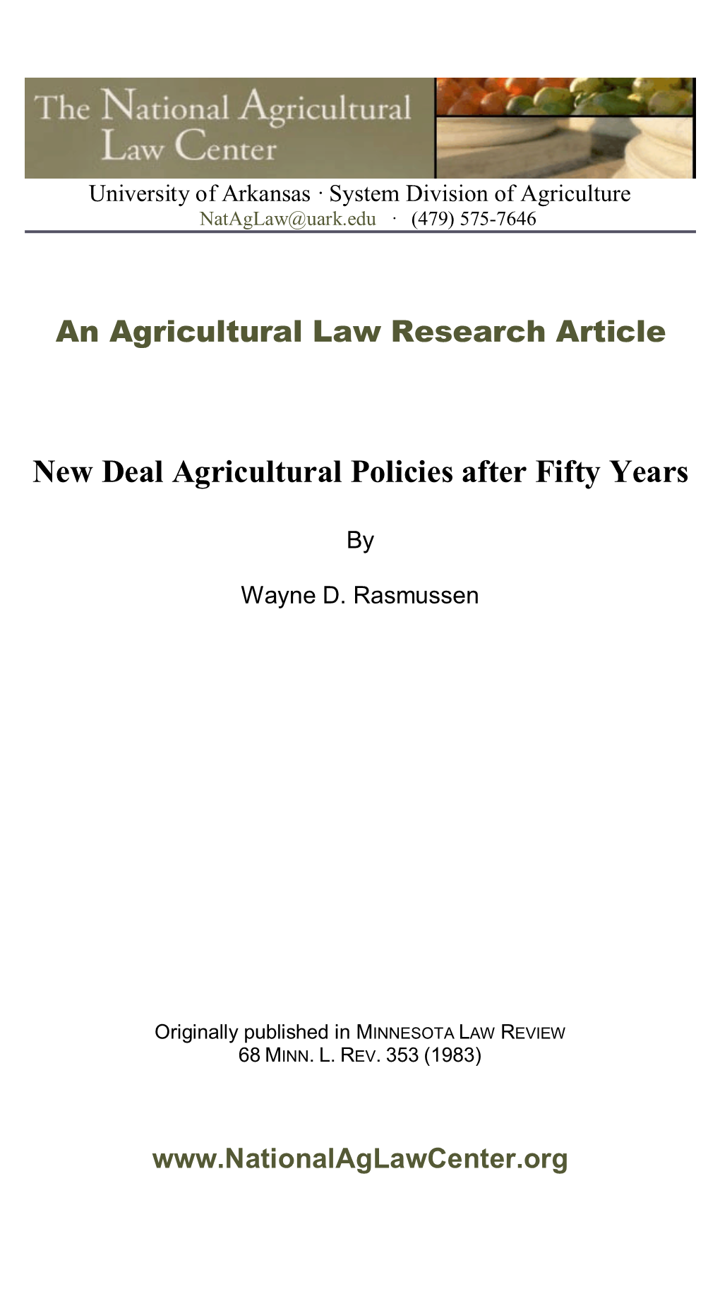 New Deal Agricultural Policies After Fifty Years