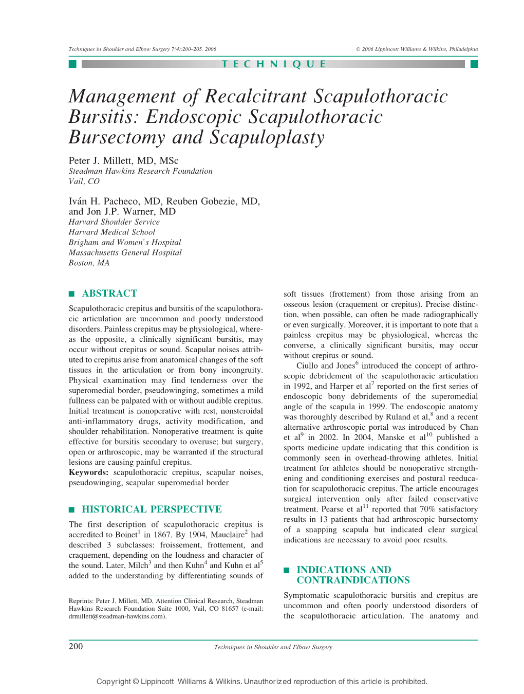 Management of Recalcitrant Scapulothoracic Bursitis: Endoscopic Scapulothoracic Bursectomy and Scapuloplasty Peter J