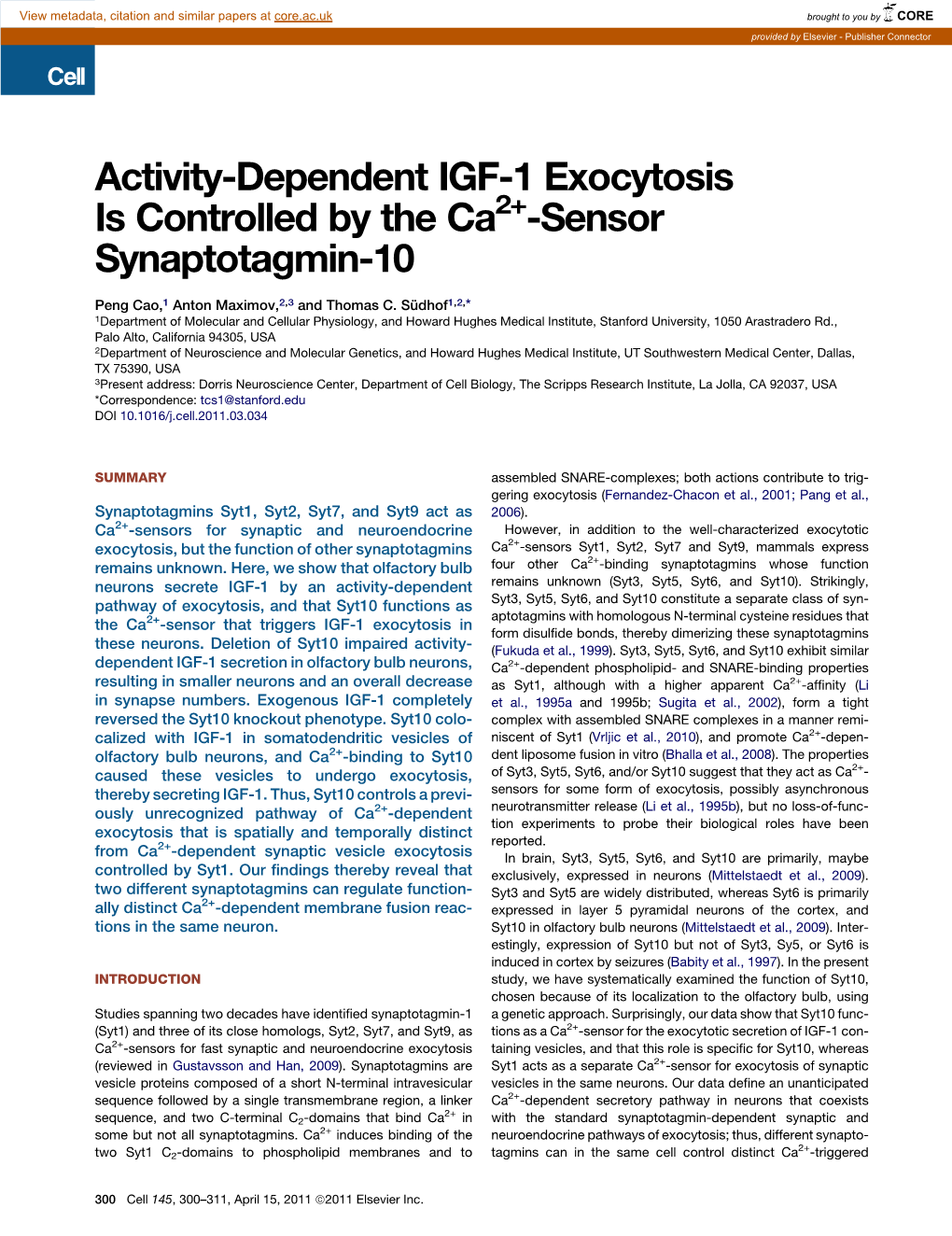 Activity-Dependent IGF-1 Exocytosis Is Controlled by the Ca2+-Sensor Synaptotagmin-10