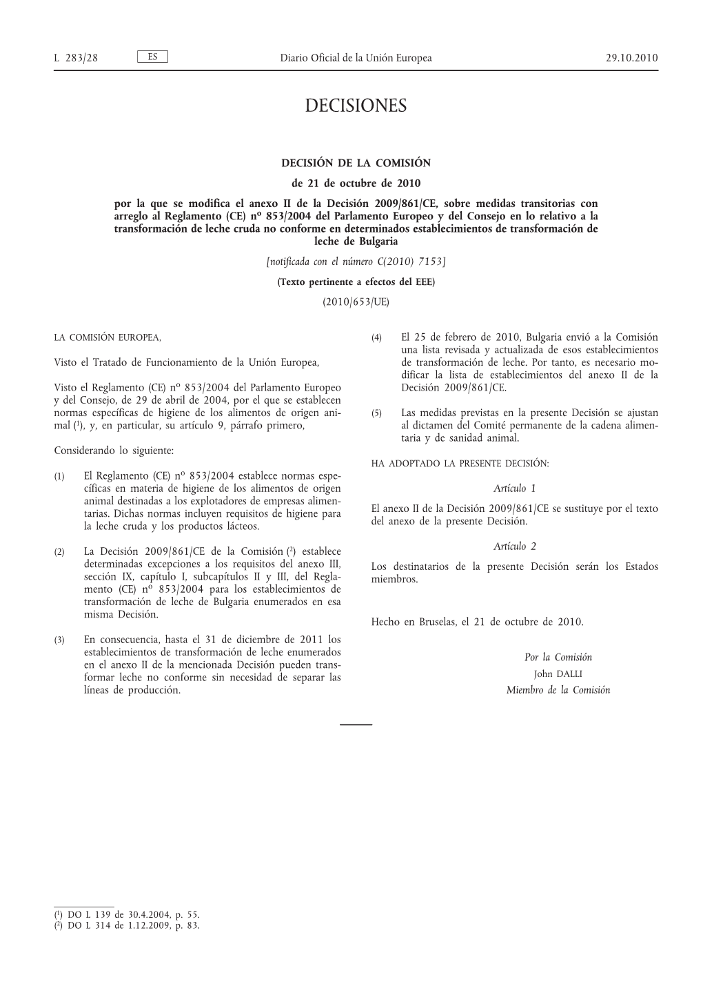 Decisión De La Comisión, De 21 De Octubre De 2010, Por La