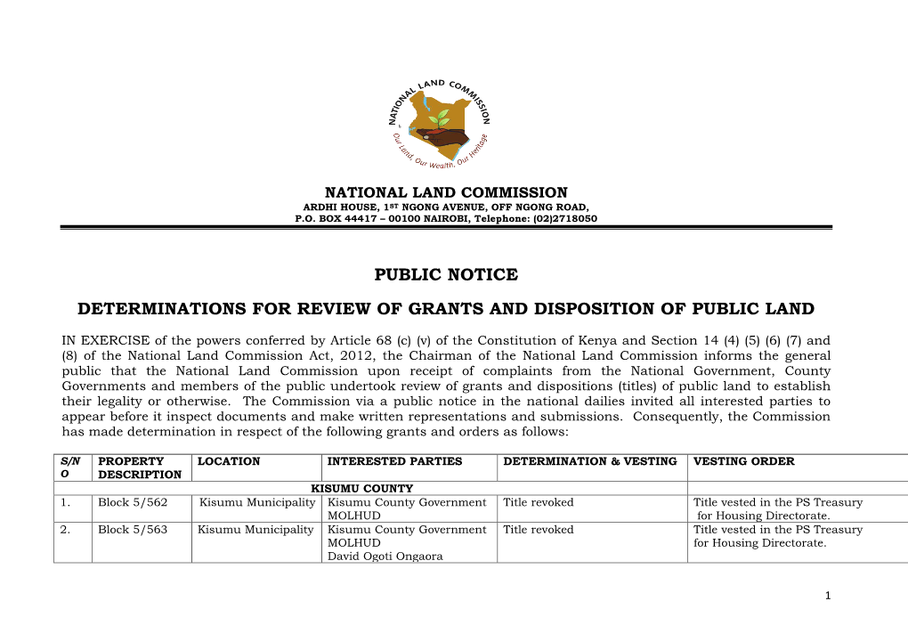 Public Notice Determinations for Review of Grants and Disposition of Public Land