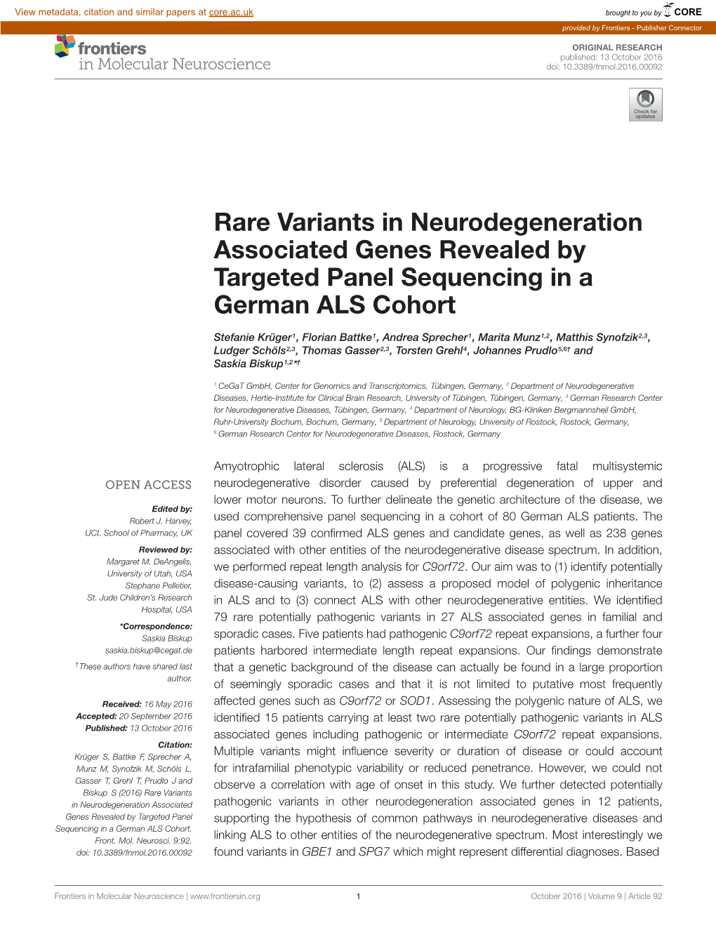 Rare Variants in Neurodegeneration Associated Genes Revealed by Targeted Panel Sequencing in a German ALS Cohort