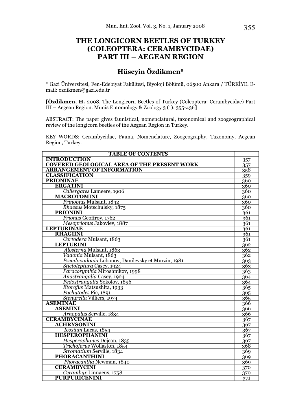 The Longicorn Beetles of Turkey (Coleoptera: Cerambycidae) Part Iii – Aegean Region