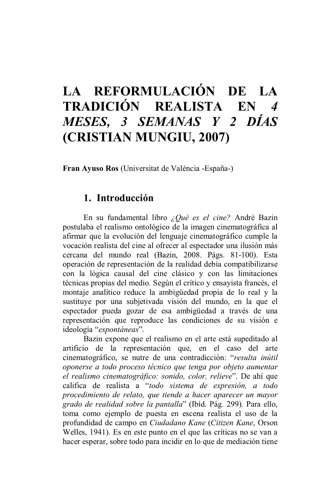 La Reformulación De La Tradición Realista En 4 Meses, 3 Semanas Y 2 Días (Cristian Mungiu, 2007)