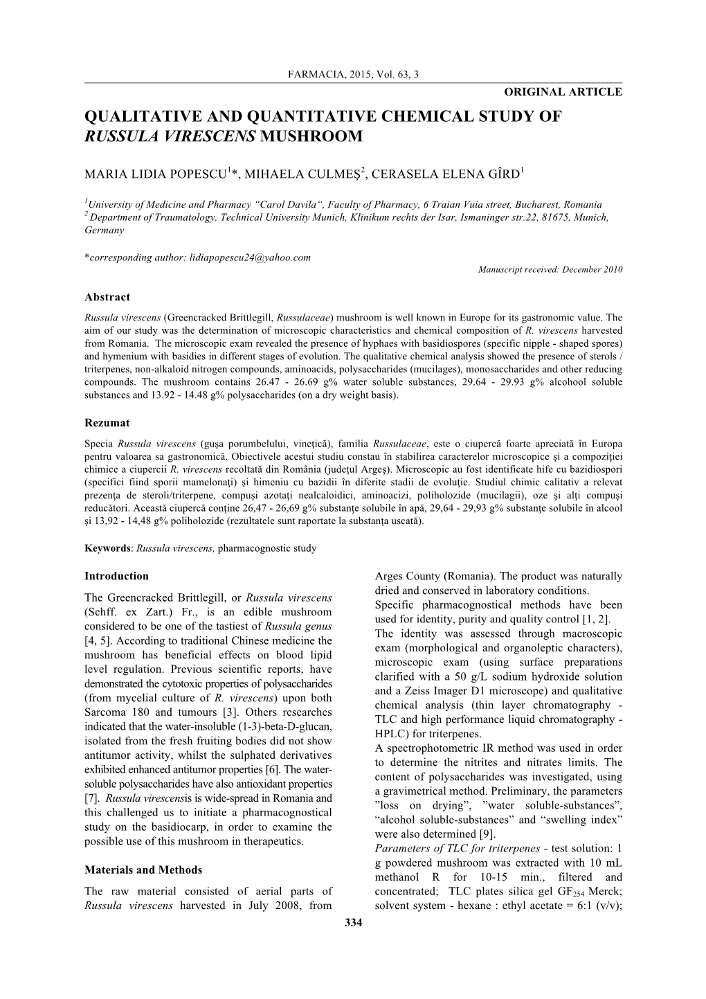 Qualitative and Quantitative Chemical Study of Russula Virescens Mushroom