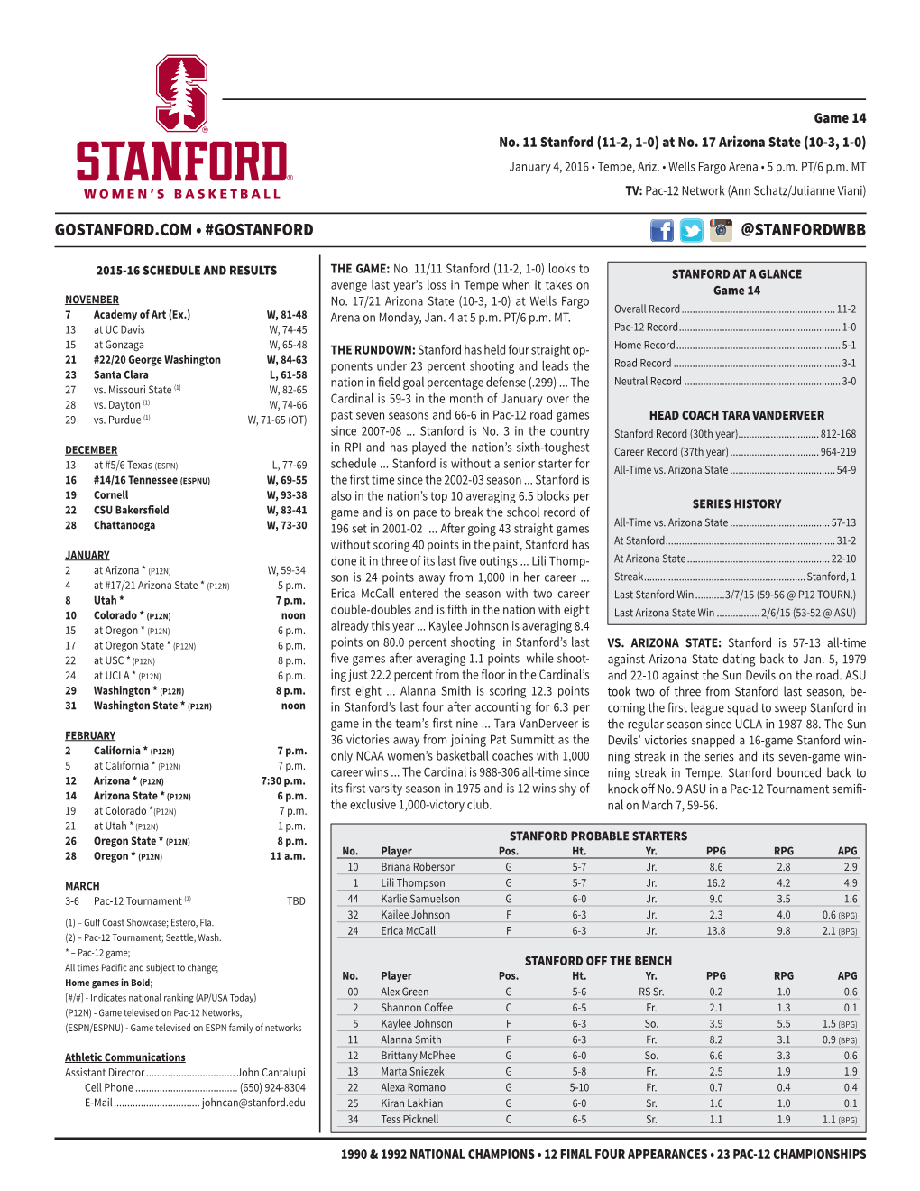 2015-16 Stanford WBB Jan. 4 Arizona State.Indd