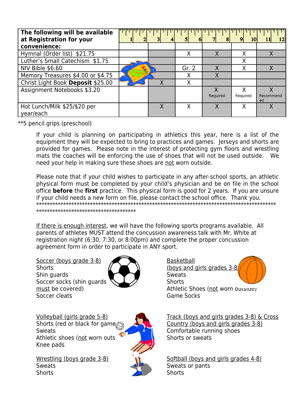 Supply List for Sports Activities