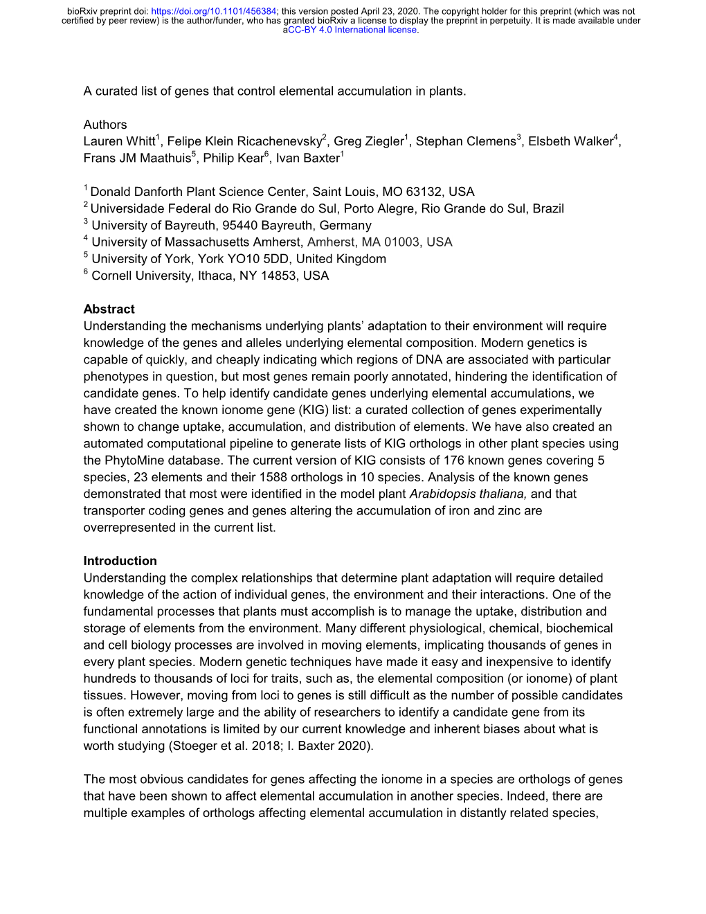 A Curated List of Genes That Control Elemental Accumulation in Plants