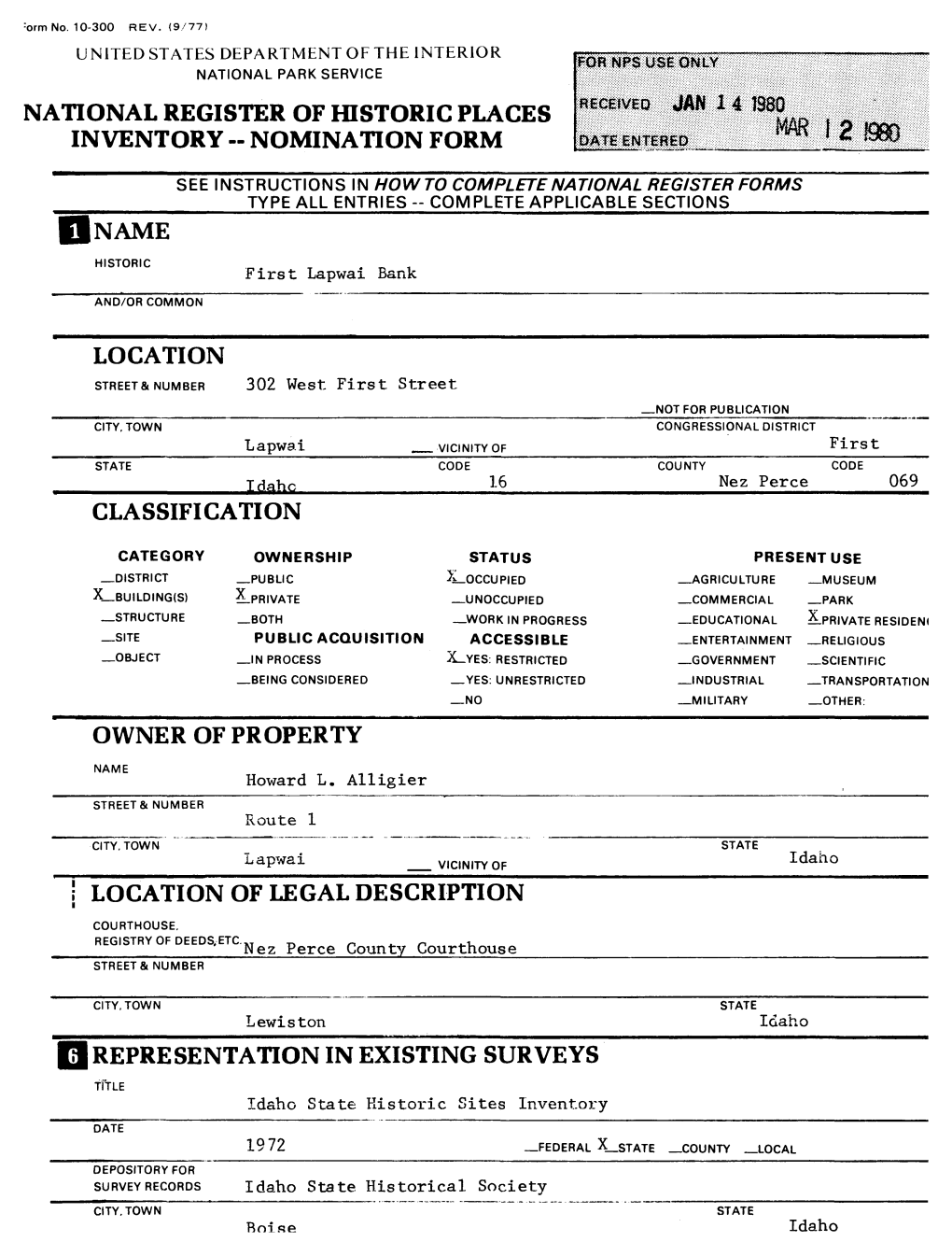 National Register of Historic Places Inventory -- Nomination Form