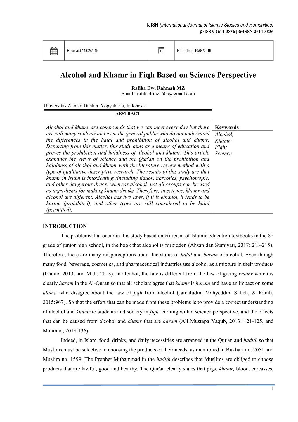 Alcohol and Khamr in Fiqh Based on Science Perspective