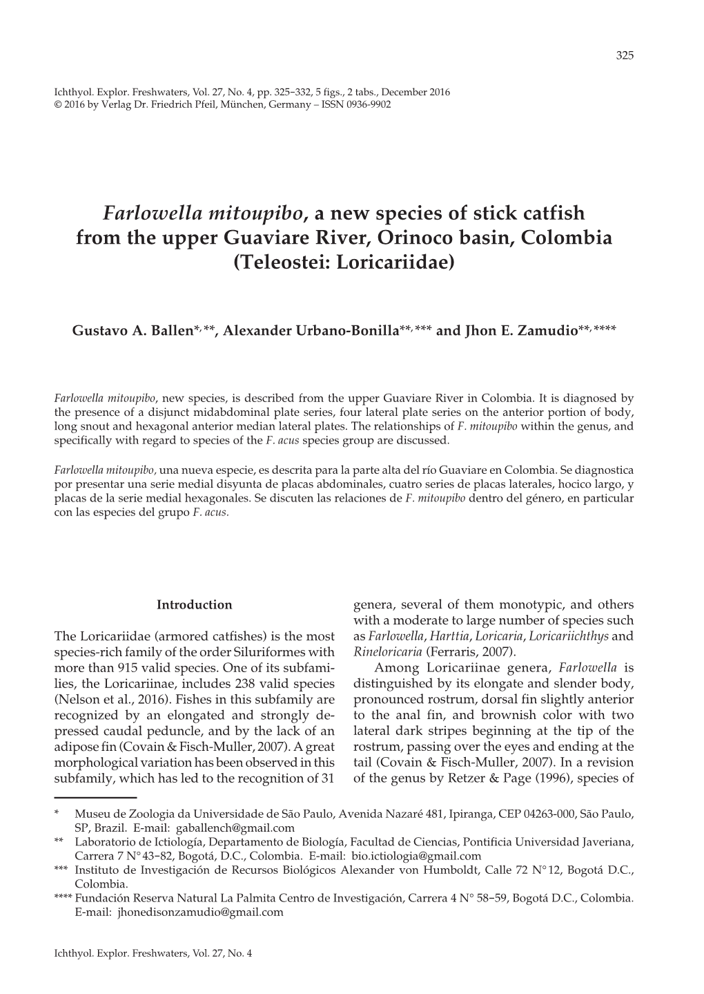 Farlowella Mitoupibo, a New Species of Stick Catfish from the Upper Guaviare River, Orinoco Basin, Colombia (Teleostei: Loricariidae)