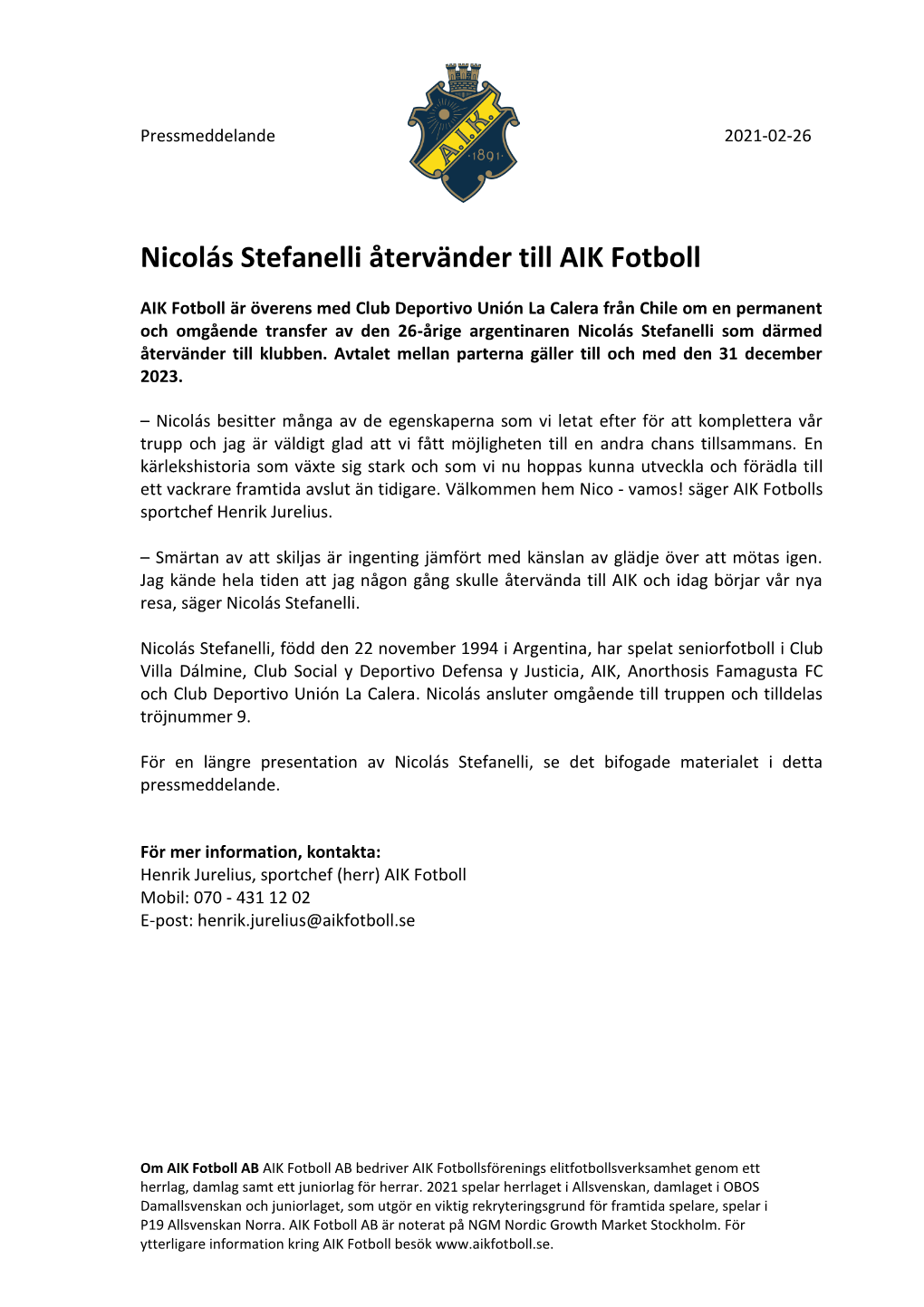 Nicolás Stefanelli Återvänder Till AIK Fotboll