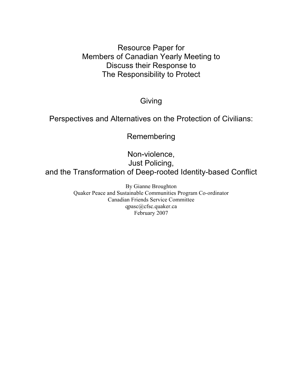 Resource Paper for Members of Canadian Yearly Meeting to Discuss Their Response to the Responsibility to Protect