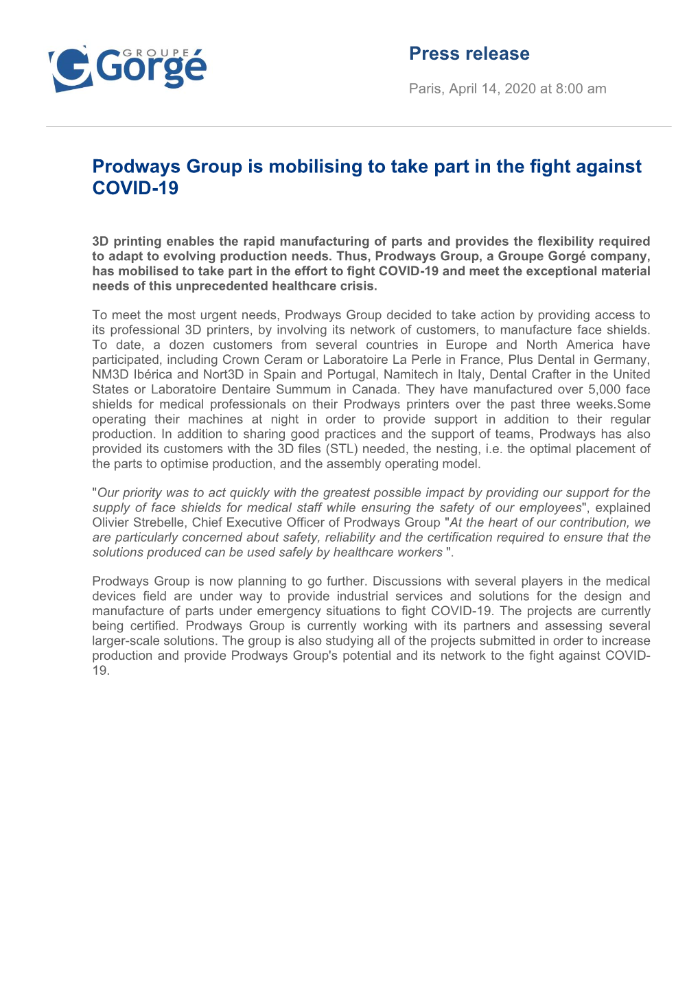 Press Release Prodways Group Is Mobilising to Take Part in the Fight Against COVID-19