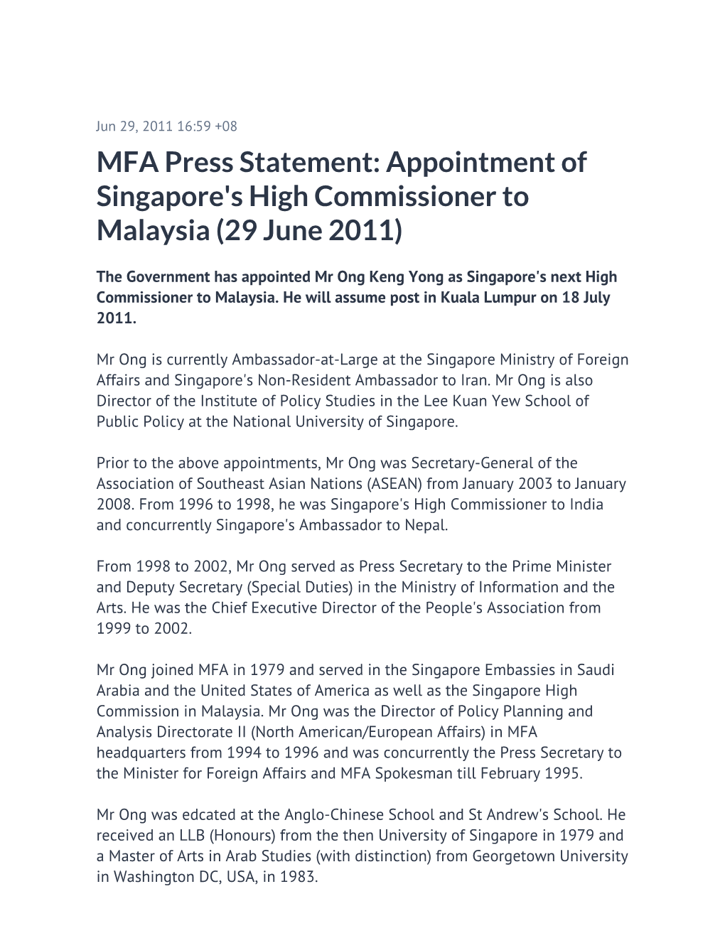 MFA Press Statement: Appointment of Singapore's High Commissioner to Malaysia (29 June 2011)