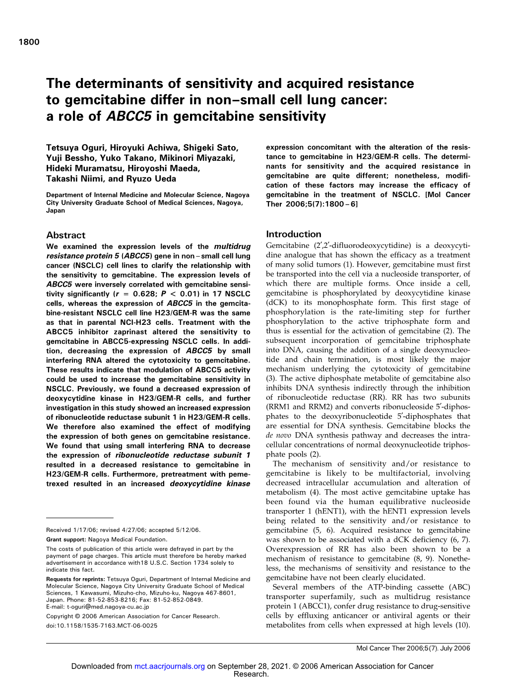 The Determinants of Sensitivity and Acquired Resistance to Gemcitabine Differ in Non–Small Cell Lung Cancer: a Role of ABCC5 in Gemcitabine Sensitivity