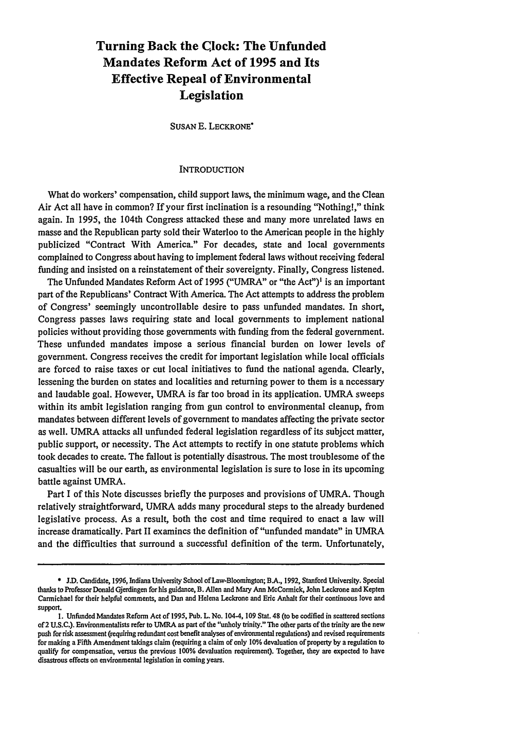 The Unfunded Mandates Reform Act of 1995 and Its Effective Repeal of Environmental Legislation