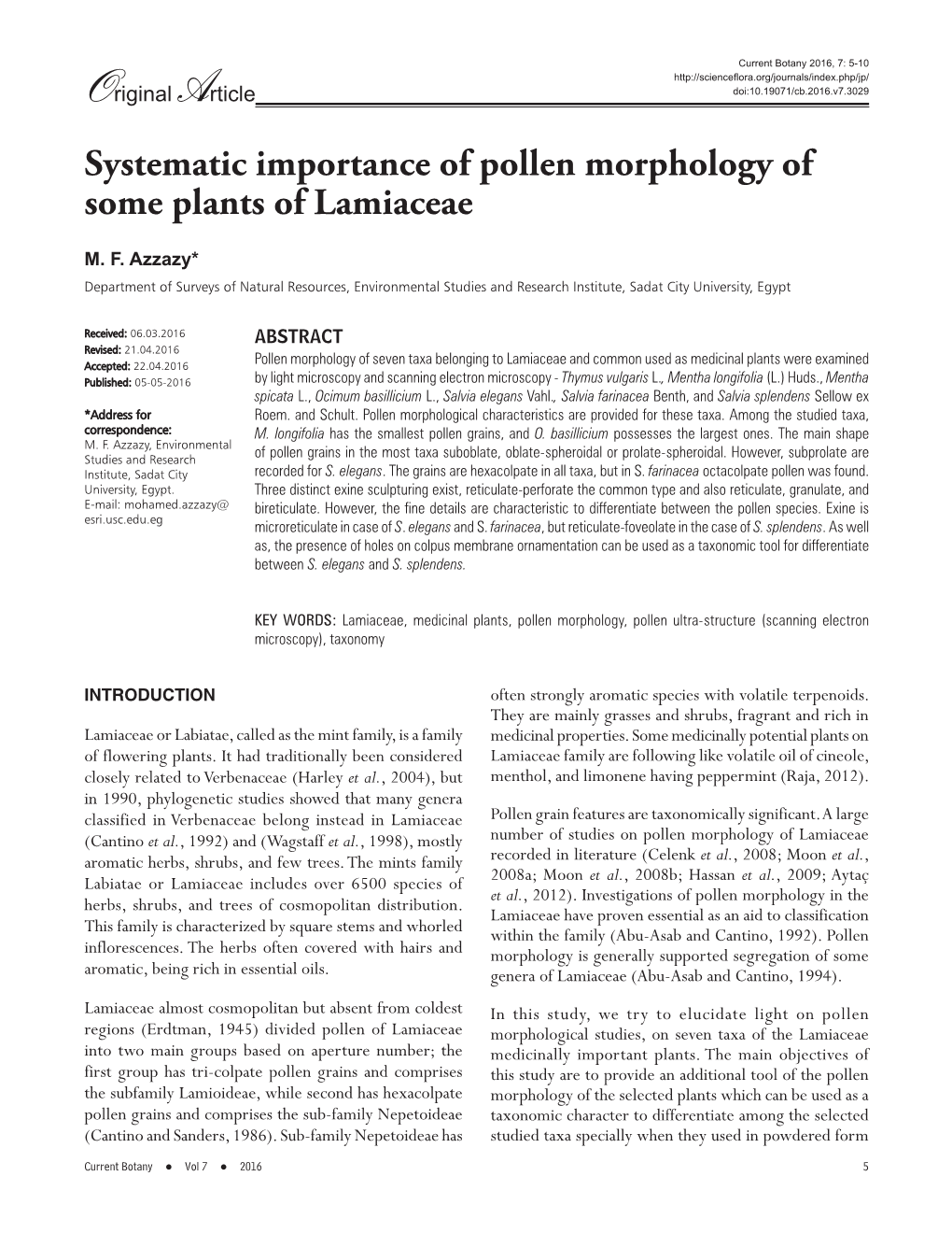 Systematic Importance of Pollen Morphology of Some Plants of Lamiaceae