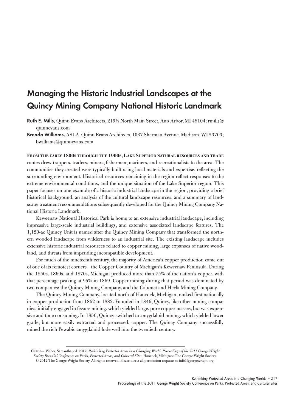Managing the Historic Industrial Landscapes at the Quincy Mining Company National Historic Landmark