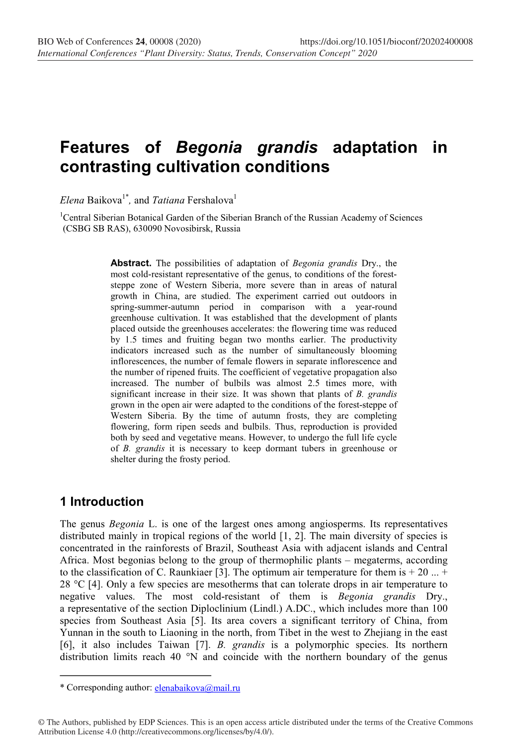 Features of Begonia Grandis Adaptation in Contrasting Cultivation Conditions