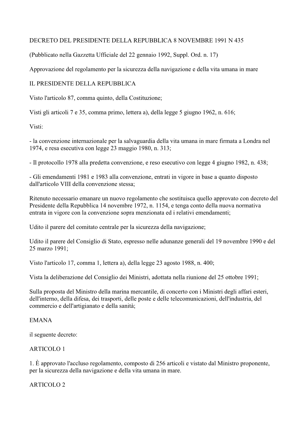 Approvazione Del Regolamento Per La Sicurezza Della Navigazione E Della Vita Umana in Mare