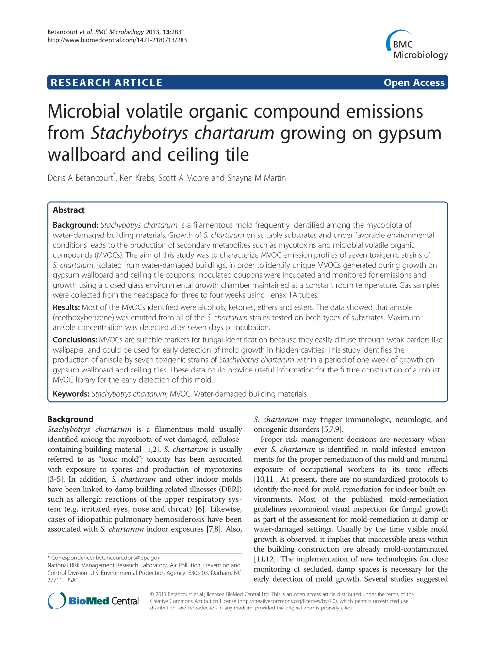 Microbial Volatile Organic Compound Emissions from Stachybotrys Chartarum Growing on Gypsum Wallboard and Ceiling Tile