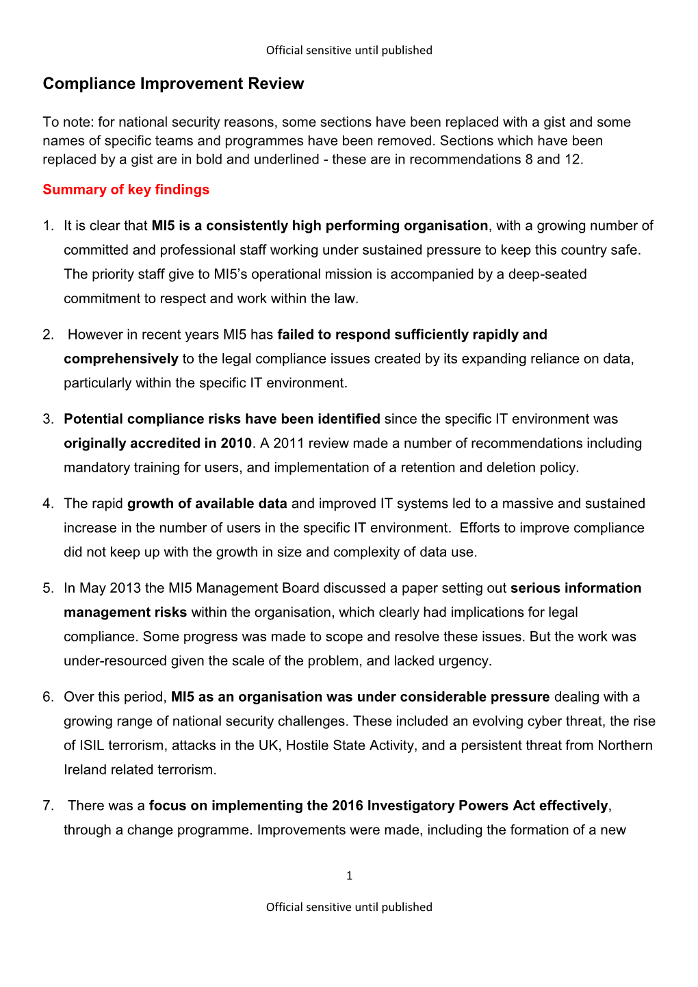 Summary of Independant Review of MI5 Compliance June 2019