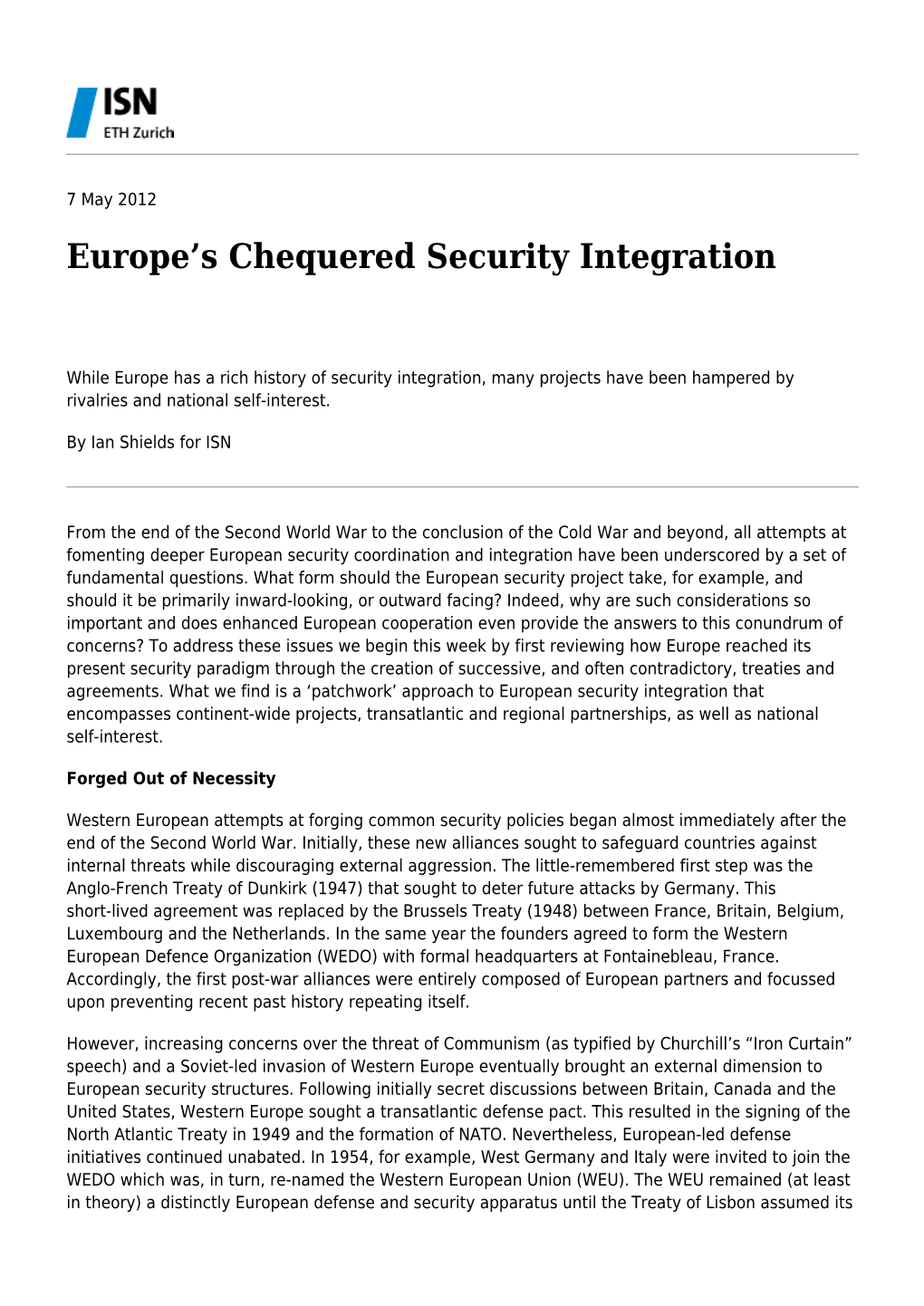 Europe's Chequered Security Integration