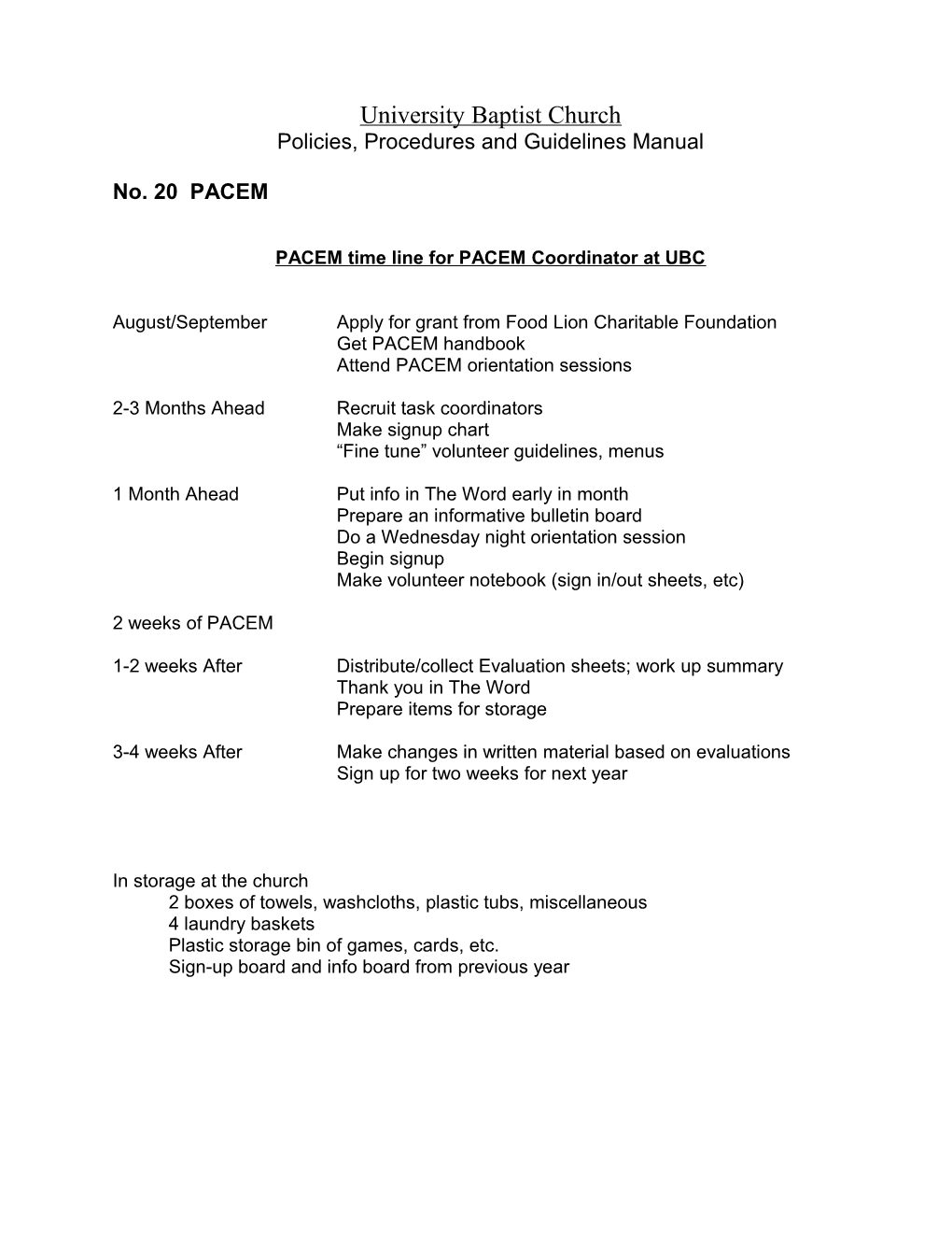 PACEM Time Line for PACEM Coordinator at UBC