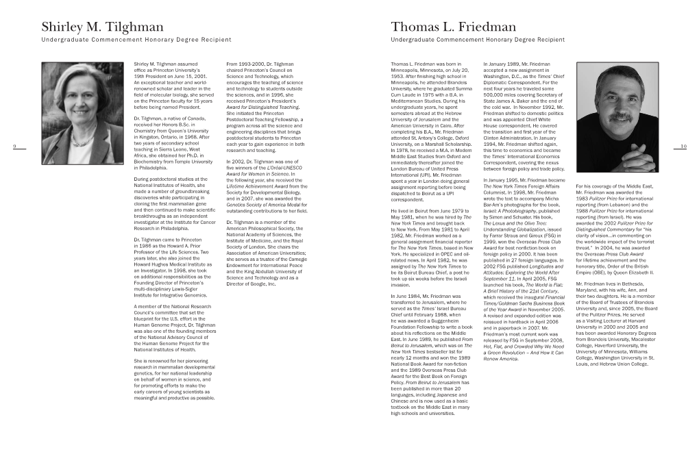 Thomas L. Friedman Shirley M. Tilghman