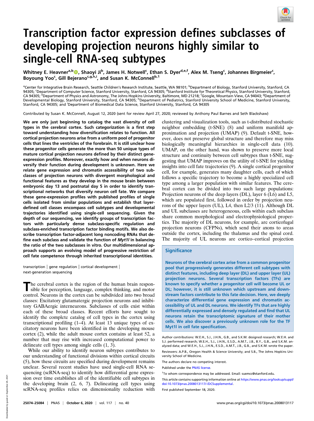 Transcription Factor Expression Defines Subclasses of Developing Projection Neurons Highly Similar to Single-Cell RNA-Seq Subtypes