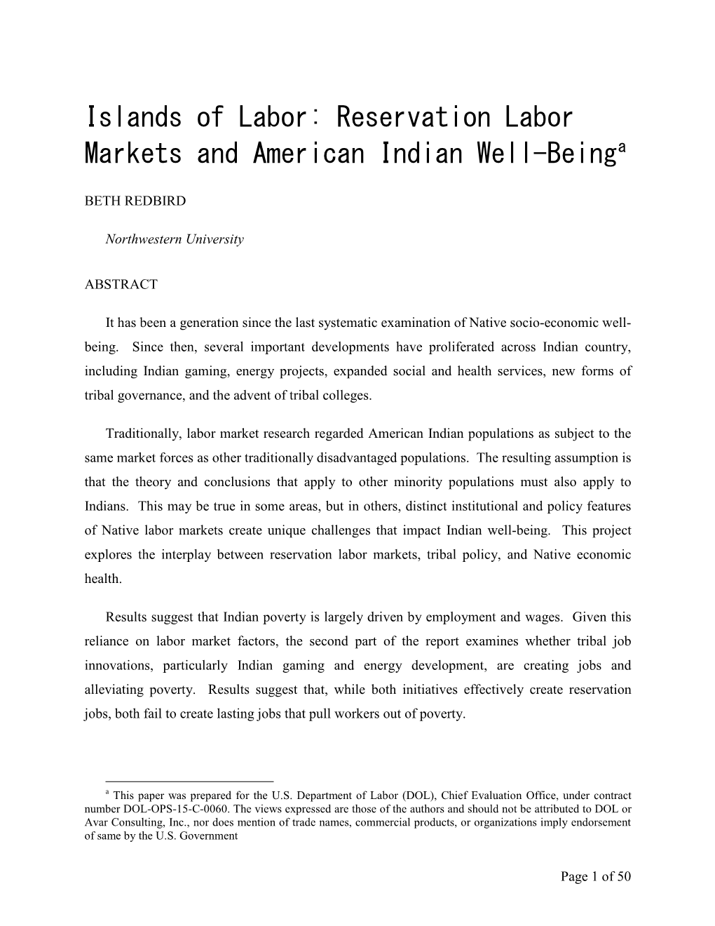 Islands of Labor: Reservation Labor Markets and American Indian Well-Beinga
